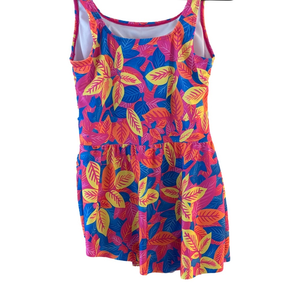 Vibrant Leaf Print Beachy Swim Dress With Side Gathered Bow Design - Picture 2 of 4